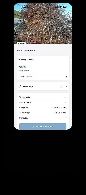 Myyjän sovellus, valmis kauppa puhelimen näytöllä