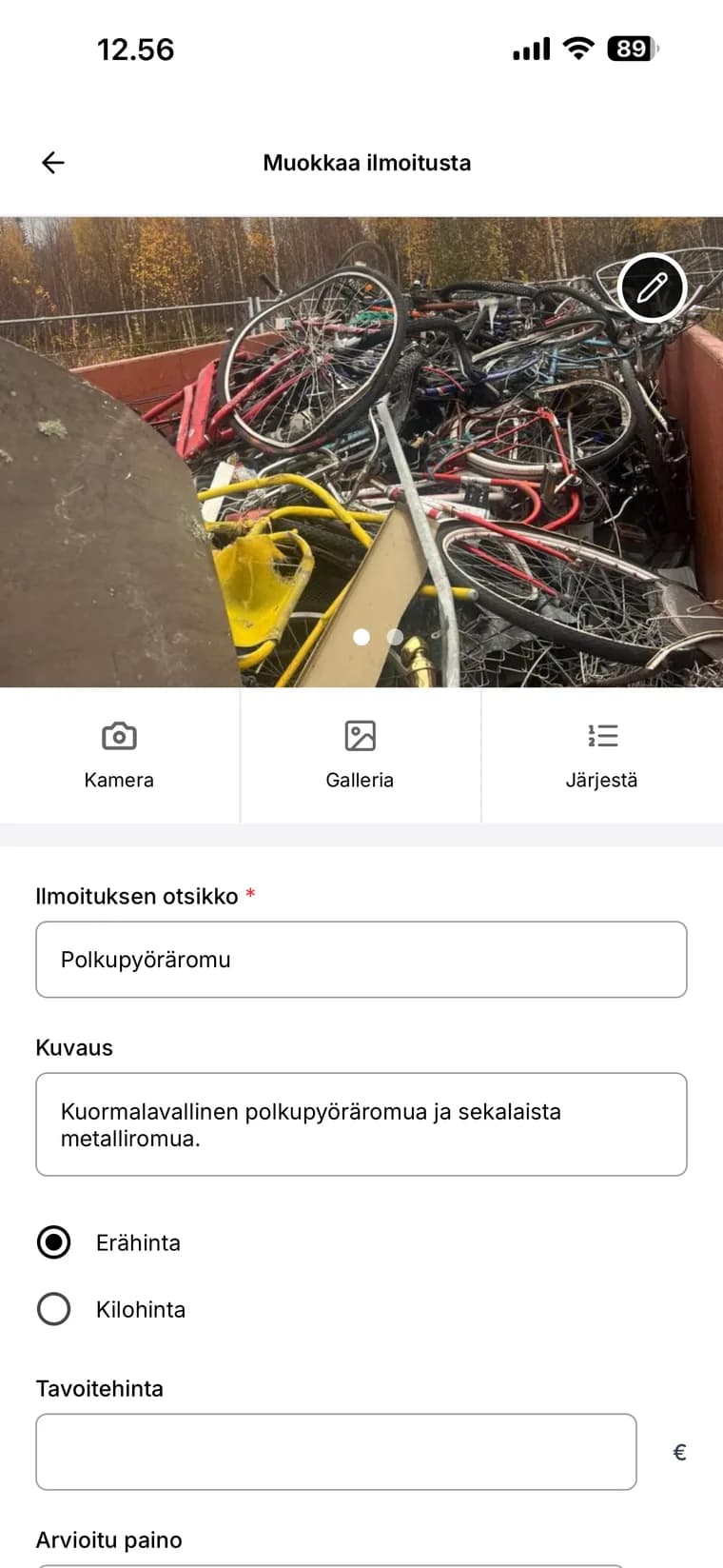 Ilmoituksen muokkaus sovelluksessa