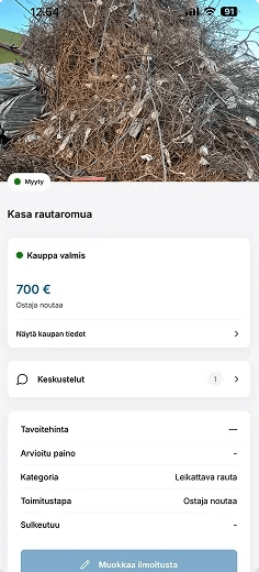 Myyjän sovellus, valmis kauppa puhelimen näytöllä